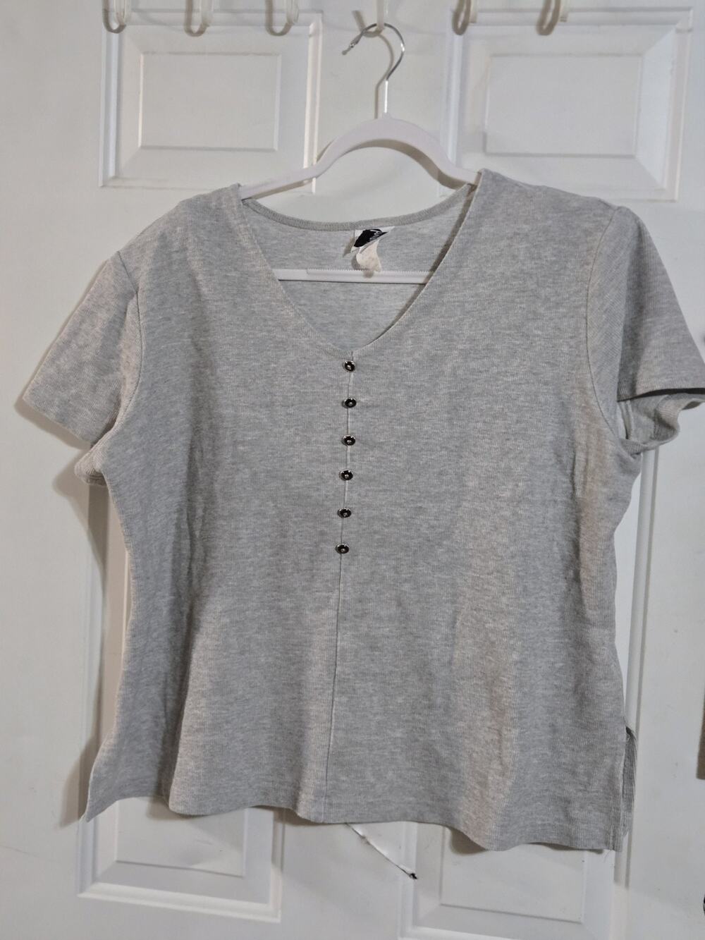 • VTG 80s Tapestry Made in USA Henley Top Shoulder Pads Grey Women’s 18